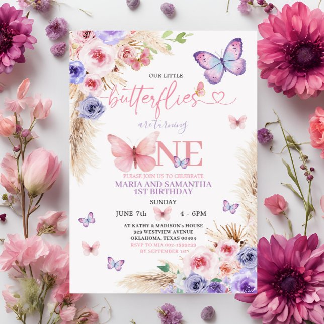 Invitation Boho Pink Purple Papillon 1er Anniversaire Floral (Créateur téléchargé)