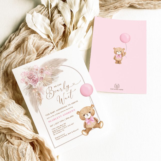 Invitation Boho Pink Teddy Bear Balloon Pampas Baby Girl (Créateur téléchargé)