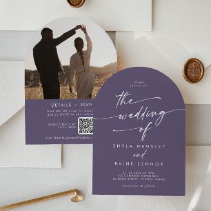 Invitation Boho Plum Purple Photo QR Code Arch Mariage