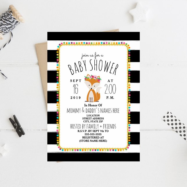 Invitation Boho Pom Poms + Stripes Fox Baby shower (Créateur téléchargé)