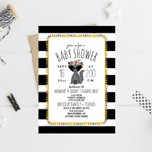 Invitation Boho Pom Poms + Stripes Raccoon Baby shower