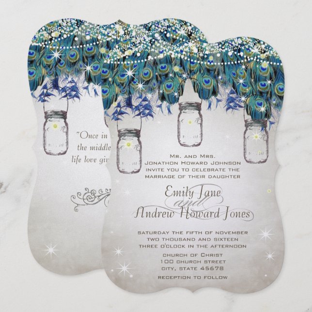 Invitation Boho Pot Mason Navy Turquoise Paon (Devant / Derrière)