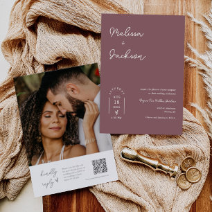Invitation Boho pourpre dusté minimaliste Mariage QR Code pho
