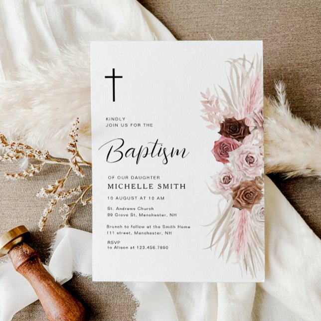 Invitation boho poussiéreux rose baptême floral (Créateur téléchargé)