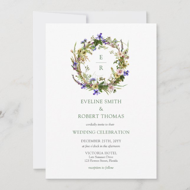 Invitation Boho prairie fleurs sauvages courre monogramme (Devant)