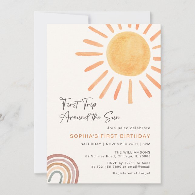 Invitation Boho Premier Voyage Autour Du Soleil 1Er Anniversa (Devant)