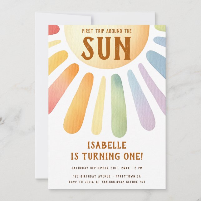 Invitation Boho Premier Voyage Autour Du Soleil 1Er Anniversa (Devant)