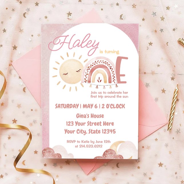 Invitation Boho Premier voyage autour du soleil 1er anniversa (Créateur téléchargé)