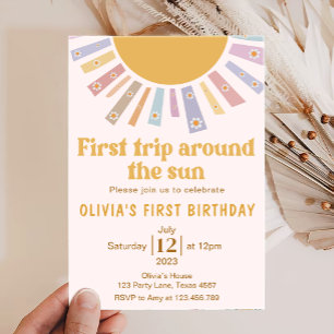 Invitation Boho Premier Voyage Autour Du Soleil Retro 1Er Ann