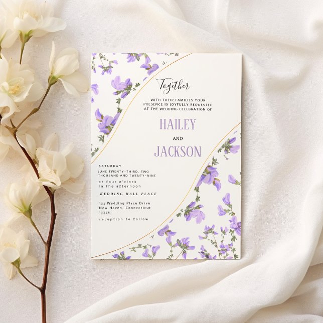 Invitation Boho printemps lilac or fleur sauvage mariage flor (Boho spring lilac gold wildflower floral wedding )