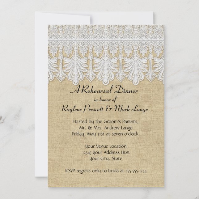 Invitation BOHO Printing Burlap n dentelle gitane Moderne Sty (Devant)