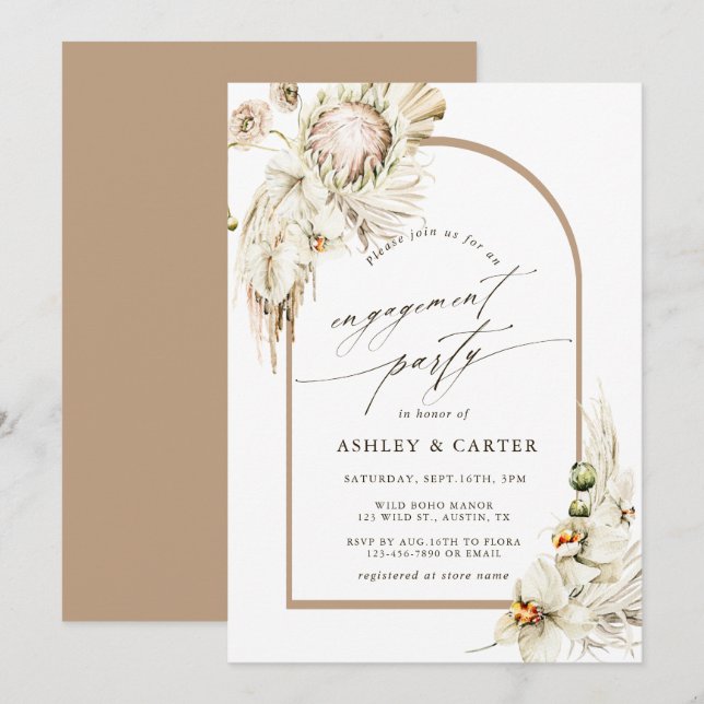 Invitation Boho Protea Pampas Fête d'Engagement Floral Grass (Devant / Derrière)