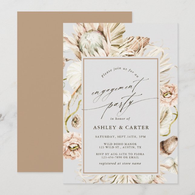Invitation Boho Protea Pampas Gris Gris Partie d'engagement (Devant / Derrière)