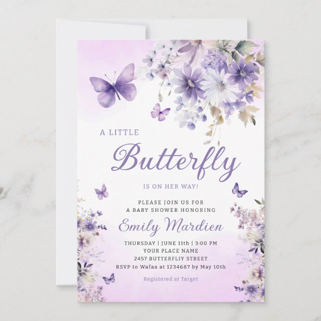 Invitation Boho Purple A Little Butterfly Girl Baby shower (Devant)