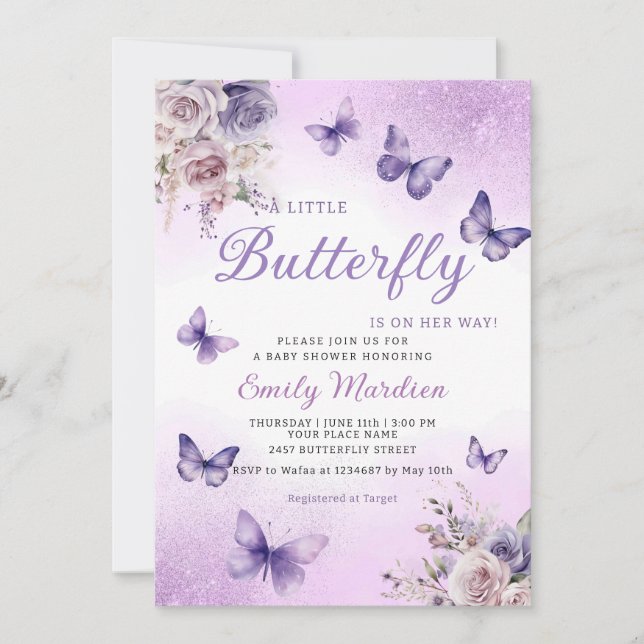 Invitation Boho Purple A Little Butterfly Girl Baby shower (Devant)