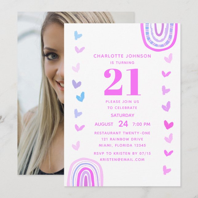 Invitation Boho Purple Arc-en-ciel moderne 21e fête d'anniver (Devant / Derrière)