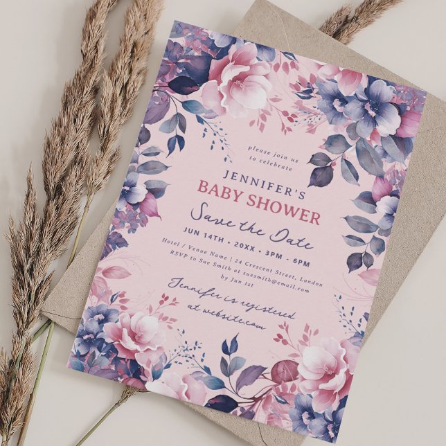 Invitation Boho Purple Baby shower Floral Enregistrer Date Bl (Boho Purple Floral Baby Shower Save Date Blush Invitation)