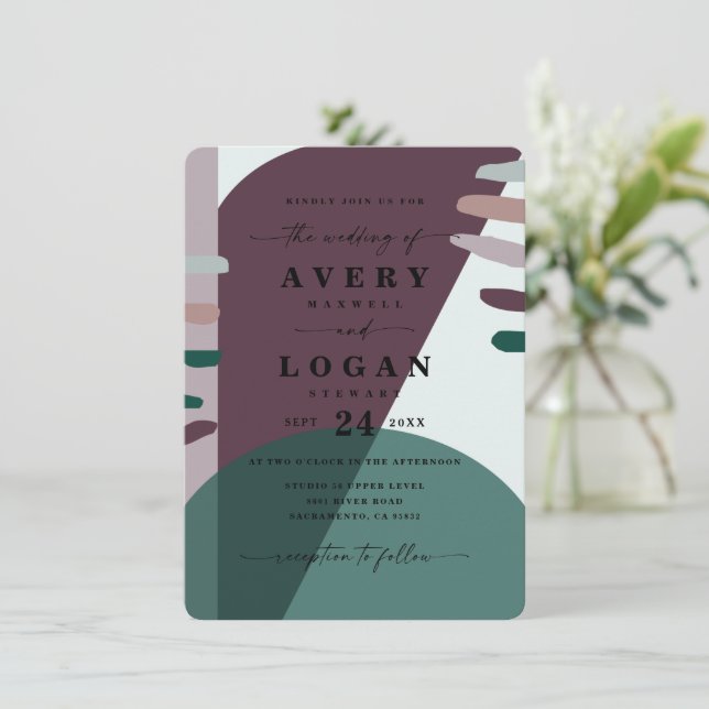 Invitation Boho Purple & Emerald Green Abstrait Shape Mariage (Debout devant)