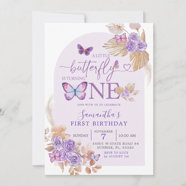Invitation Boho Purple Floral et Arc Papillon Anniversaire (Devant)