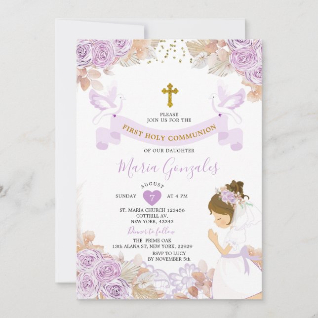 Invitation Boho Purple Floral Girl Première Sainte Communion (Devant)