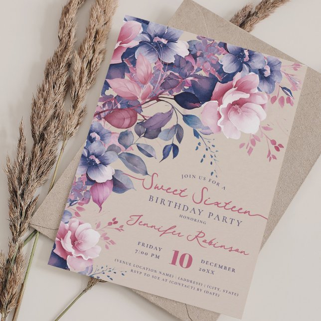 Invitation Boho Purple Floral Sweet 16 Anniversaire Champagne (Boho Purple Floral Sweet 16 Birthday Champagne Invitation)