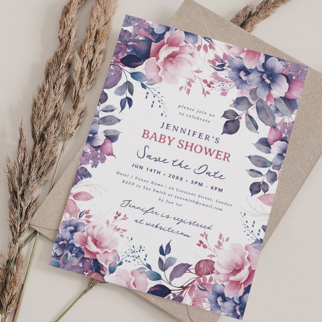 Invitation Boho Purple Garden Floral Baby shower Date de sauv (Boho Purple Garden Floral Baby Shower Save Date Invitation)
