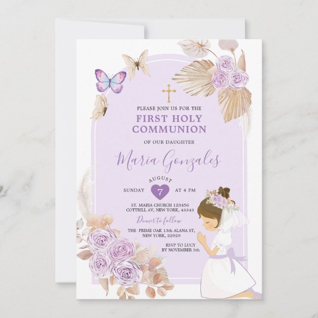 Invitation Boho Purple Girl First Holy Communion Butterfly (Devant)