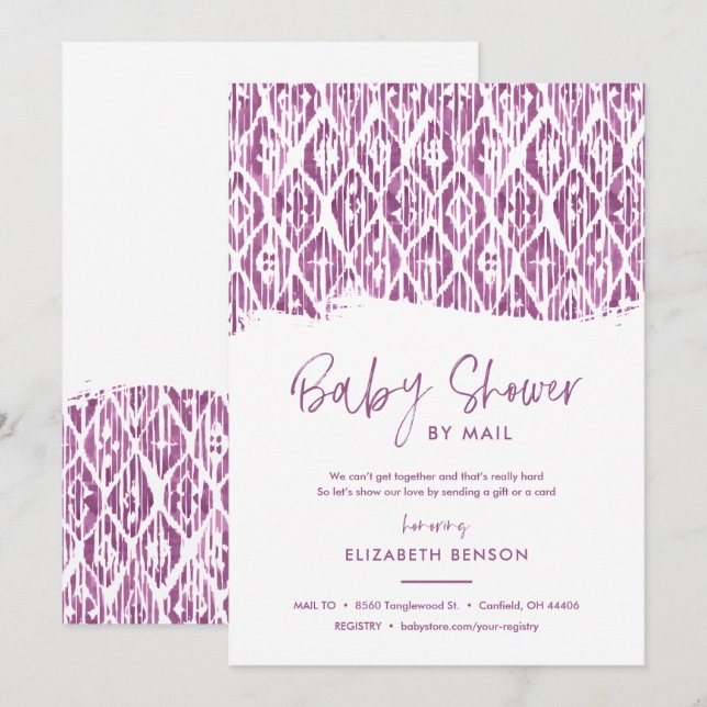 Invitation Boho Purple Ikat Baby shower par courrier (Devant / Derrière)