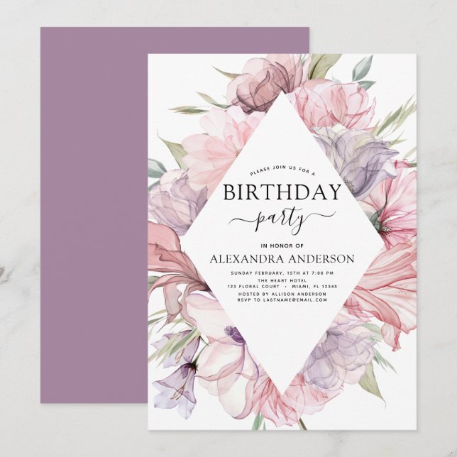 Invitation Boho Purple N'Importe Quel Âge Anniversaire Floral (Devant / Derrière)