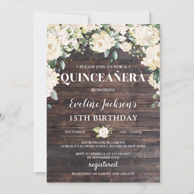 Invitation Boho Quinceañera blanc fleuri blanc en bois rustiq (Devant)