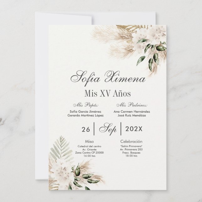 Invitation Boho Quinceanera espagnol (Devant)