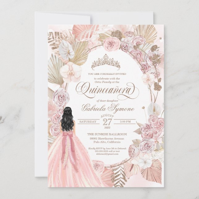 Invitation Boho Quinceanera Invi, Rose Floral Séché Rose (Devant)