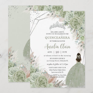 Invitation Boho Quinceañera Sage Vert Floral Pampas Grasse