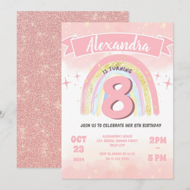 Invitation Boho Rainbow 8th Any Age Birthday Girl Parties sci (Devant / Derrière)