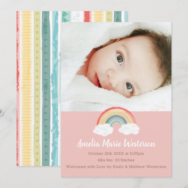 Invitation Boho Rainbow Baby shower rose (Devant / Derrière)