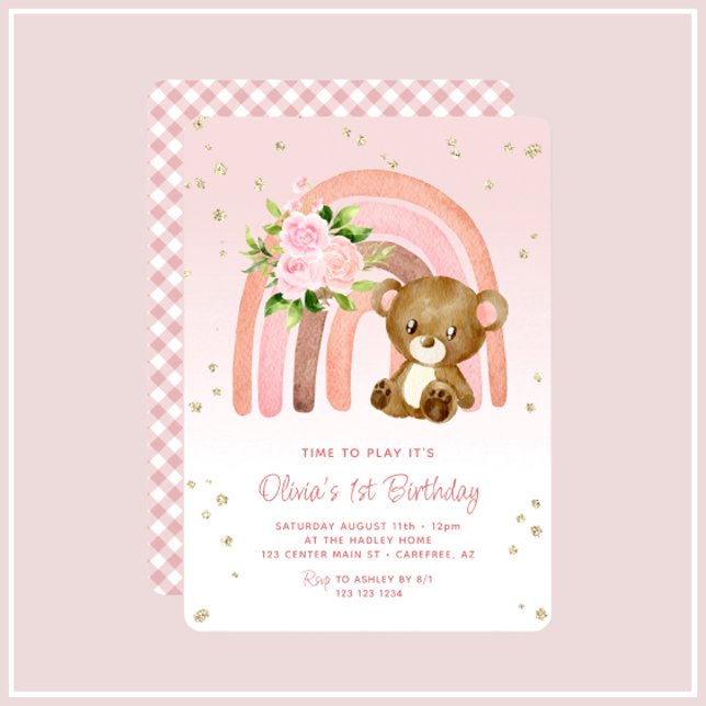 Invitation Boho Rainbow Bear Girl's 1er anniversaire (Créateur téléchargé)