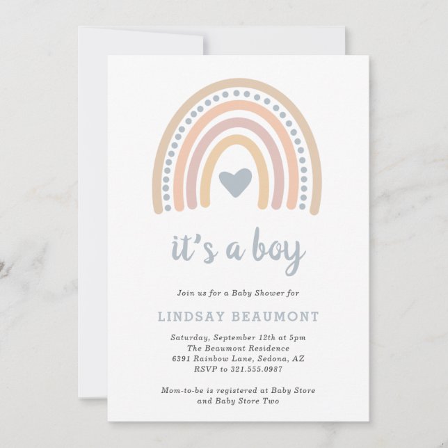 Invitation Boho Rainbow Blue Heart Cute Boy Baby shower (Devant)
