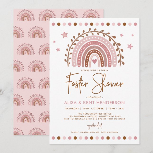 Invitation Boho Rainbow | Douche Foster en terre cuite rose a (Devant / Derrière)