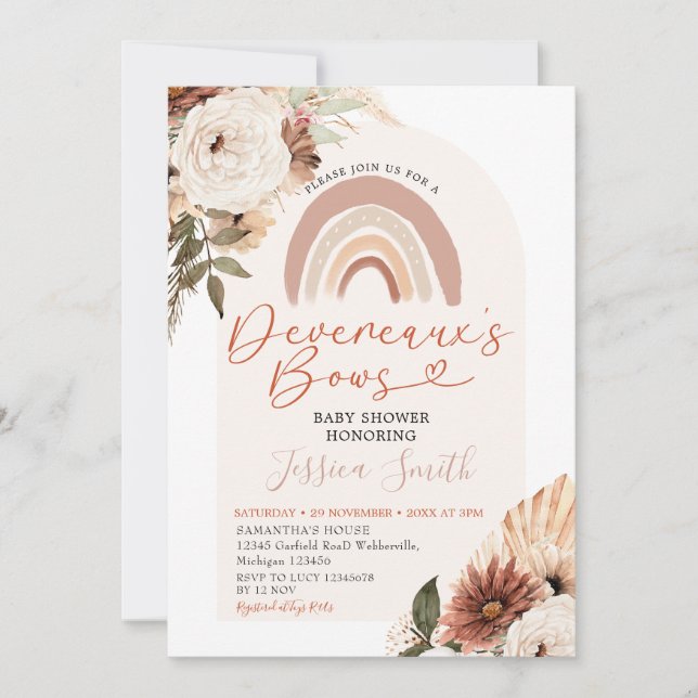 Invitation Boho Rainbow Floral Devereaux's Bows Baby shower (Devant)