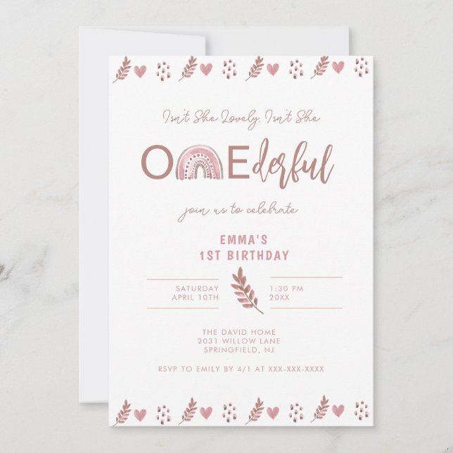 Invitation Boho Rainbow Girl Lovely Onederful Anniversaire (Devant)