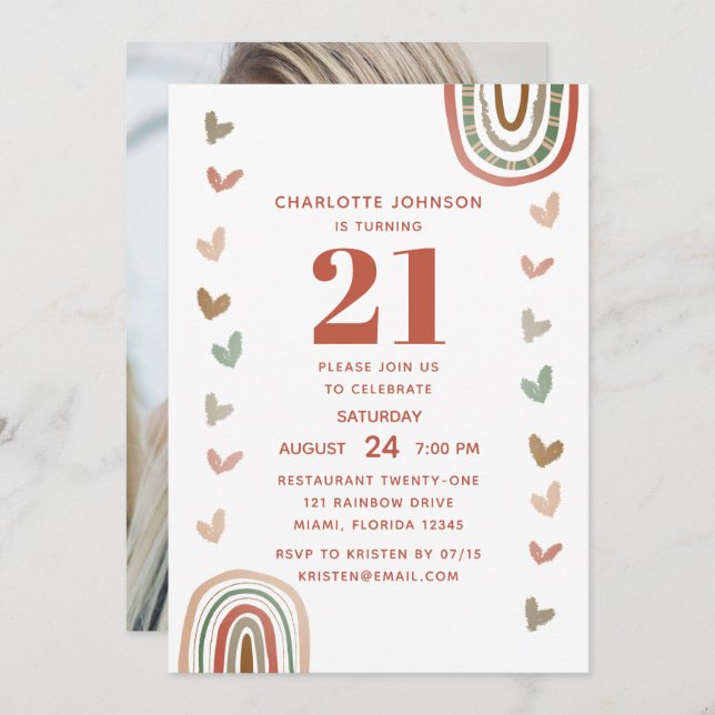 Invitation Boho Rainbow Modern 21e fête d'anniversaire (Devant / Derrière)