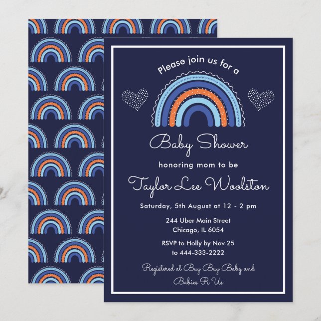 Invitation Boho Rainbow Navy Baby shower bleu (Devant / Derrière)