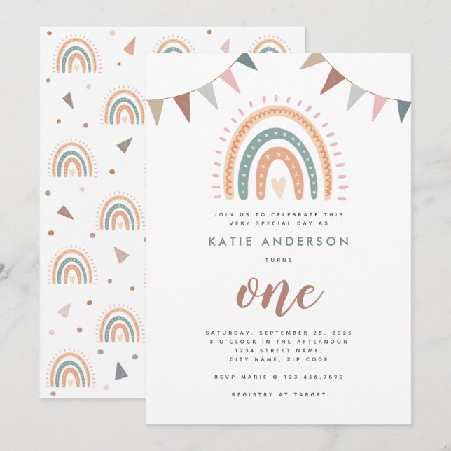 Invitation Boho Rainbow Pastel Fiesta Premier anniversaire (Devant / Derrière)