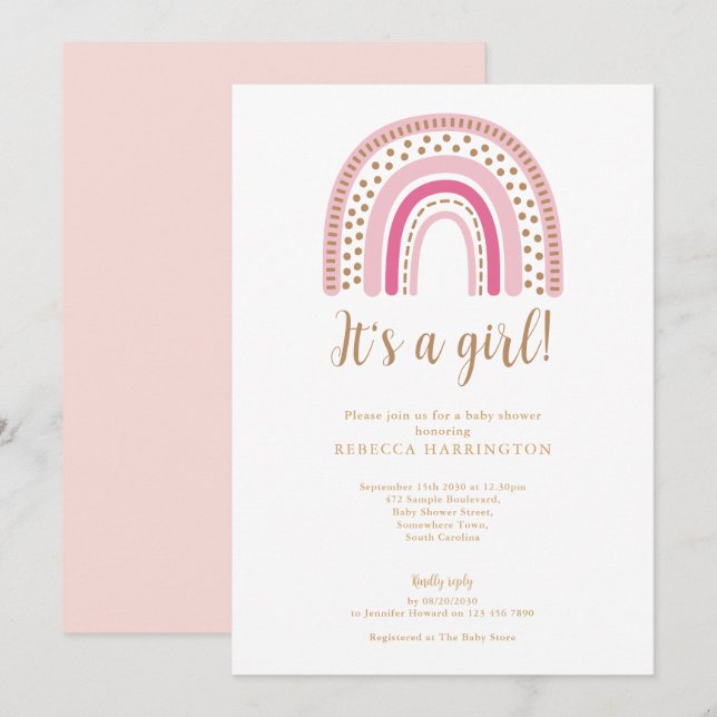 Invitation Boho Rainbow rose Baby shower fille (Devant / Derrière)