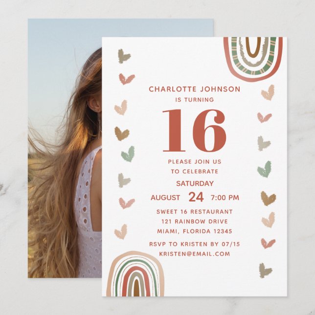 Invitation Boho Rainbow Sweet 16 moderne fête d'anniversaire (Devant / Derrière)
