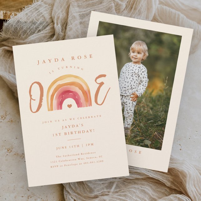 Invitation Boho Rainbow Un Premier Anniversaire (Boho rainbow one 1st first photo birthday party invitation.)