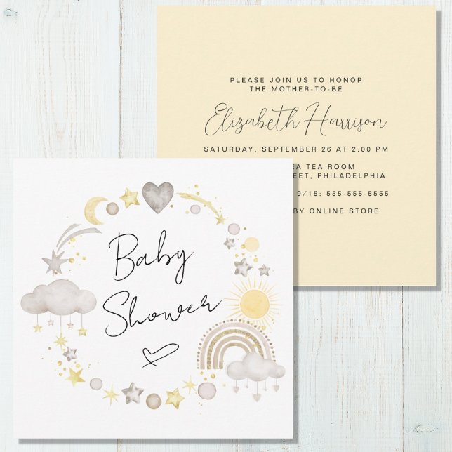 Invitation Boho Rainbow Watercolor Baby shower jaune (Créateur téléchargé)