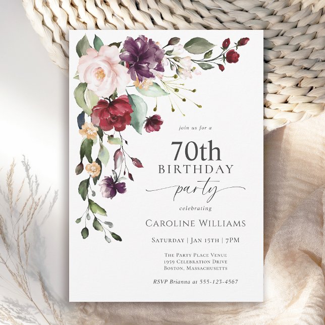 Invitation Boho Red and Purple Floral 70e fête d'anniversaire (Available in both printed and instant download digital formats.)