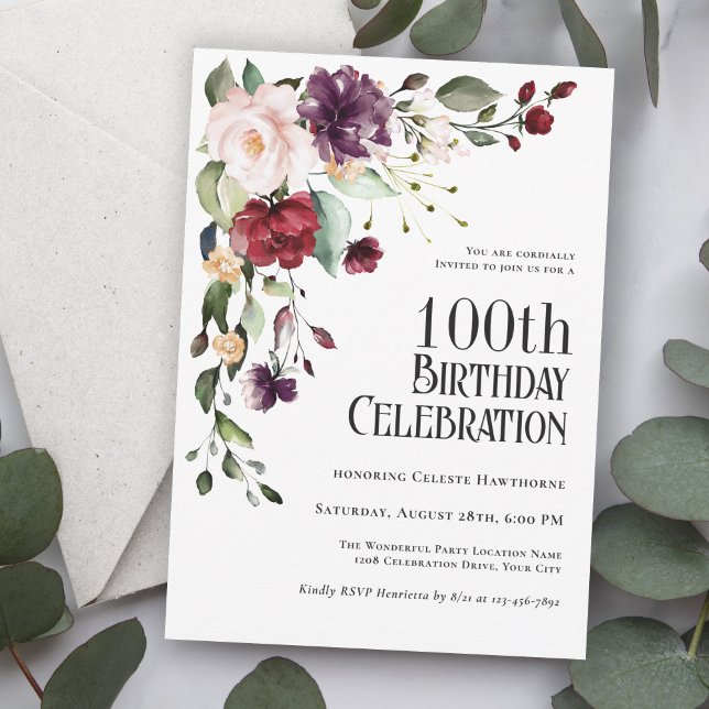 Invitation Boho Red, Blush et Purple 100e fête d'anniversaire (An elegant choice in invitations for celebrating a 100th Birthday in style!)