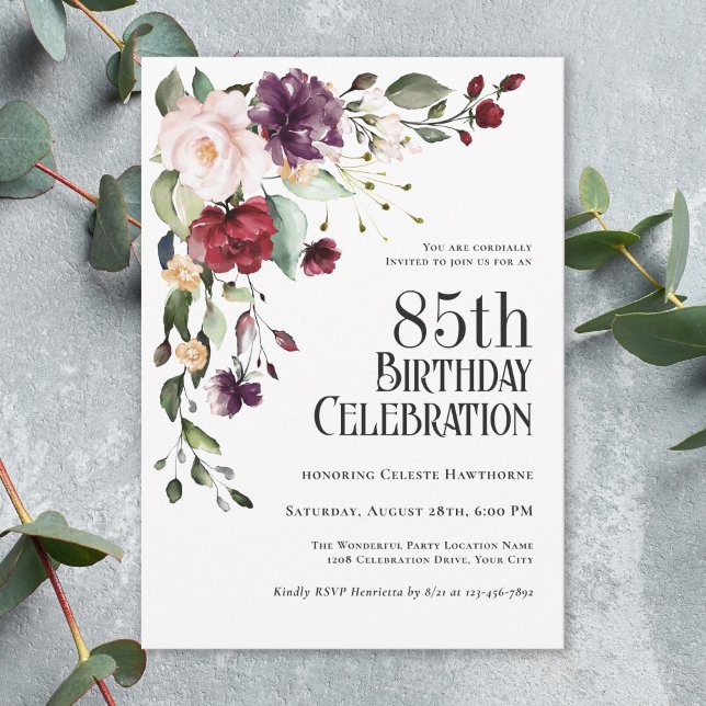 Invitation Boho Red Blush et Purple 85e fête d'anniversaire (Available in both printed and instant download digital formats.)